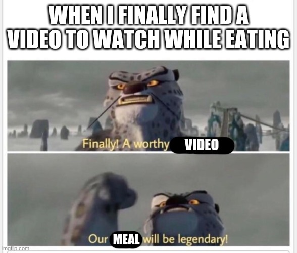 Finally! A worthy video! | WHEN I FINALLY FIND A VIDEO TO WATCH WHILE EATING; VIDEO; MEAL | image tagged in finally a worthy opponent | made w/ Imgflip meme maker