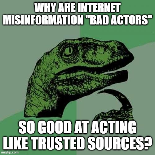 Philosoraptor | WHY ARE INTERNET MISINFORMATION "BAD ACTORS"; SO GOOD AT ACTING LIKE TRUSTED SOURCES? | image tagged in memes,philosoraptor | made w/ Imgflip meme maker