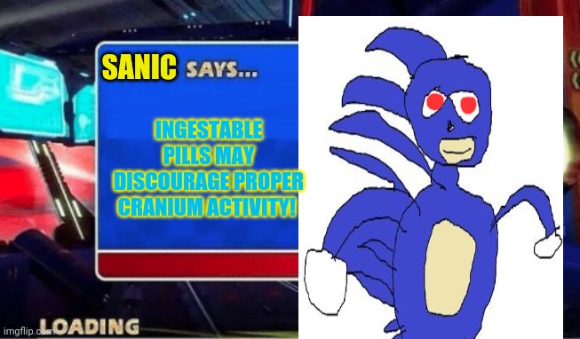 Sonic Says | SANIC INGESTABLE PILLS MAY DISCOURAGE PROPER CRANIUM ACTIVITY! | image tagged in sonic says | made w/ Imgflip meme maker