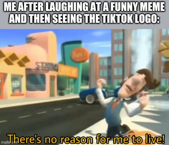 WHYYYYYYYYYY | ME AFTER LAUGHING AT A FUNNY MEME
AND THEN SEEING THE TIKTOK LOGO: | image tagged in there's no reason for me to live | made w/ Imgflip meme maker