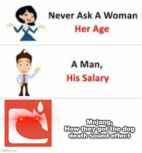 Never ask a woman her age | Mojang,
How they got the dog death sound effect | image tagged in never ask a woman her age | made w/ Imgflip meme maker