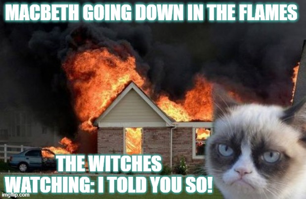 Burn Kitty | MACBETH GOING DOWN IN THE FLAMES; THE WITCHES WATCHING: I TOLD YOU SO! | image tagged in memes,burn kitty,grumpy cat | made w/ Imgflip meme maker