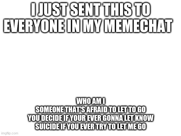 If you don't know this song you are not relevant | I JUST SENT THIS TO EVERYONE IN MY MEMECHAT; WHO AM I
SOMEONE THAT'S AFRAID TO LET TO GO
YOU DECIDE IF YOUR EVER GONNA LET KNOW
SUICIDE IF YOU EVER TRY TO LET ME GO | image tagged in blank white template | made w/ Imgflip meme maker