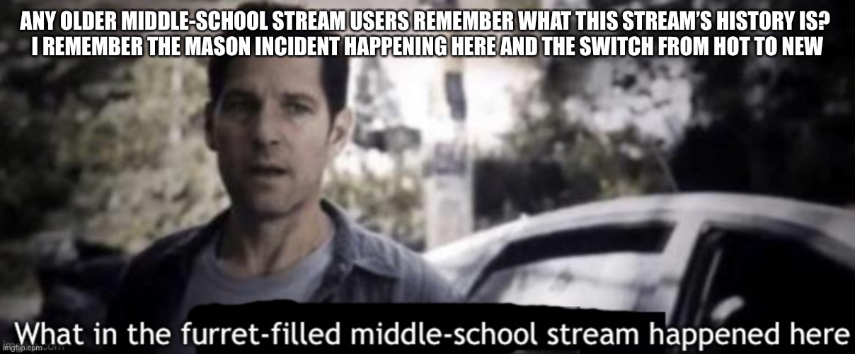 As well as the Furrets | ANY OLDER MIDDLE-SCHOOL STREAM USERS REMEMBER WHAT THIS STREAM’S HISTORY IS? 
I REMEMBER THE MASON INCIDENT HAPPENING HERE AND THE SWITCH FROM HOT TO NEW | image tagged in what in the furret-filled middle-school stream happened here | made w/ Imgflip meme maker