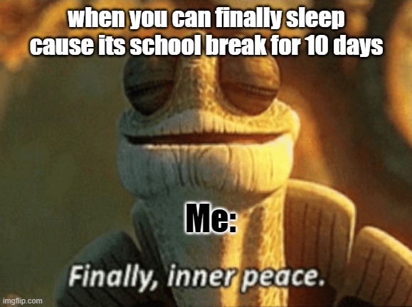 Finally, inner peace. | when you can finally sleep cause its school break for 10 days; Me: | image tagged in finally inner peace | made w/ Imgflip meme maker