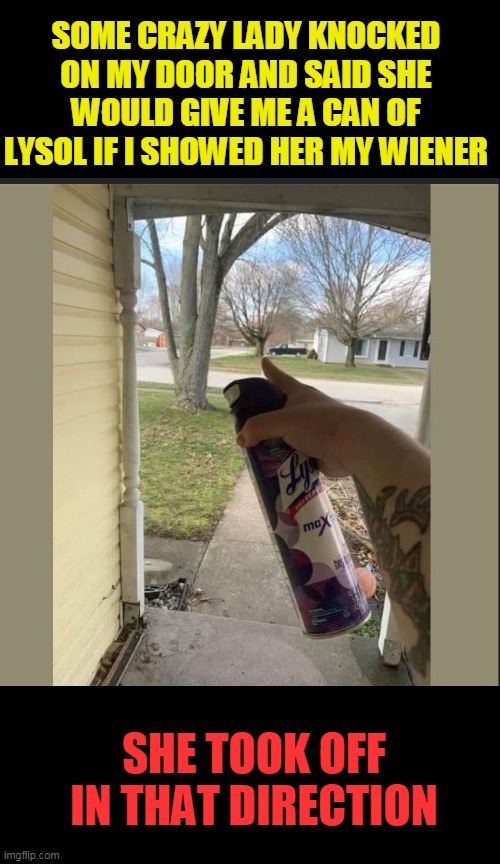 crazy | SOME CRAZY LADY KNOCKED ON MY DOOR AND SAID SHE WOULD GIVE ME A CAN OF LYSOL IF I SHOWED HER MY WIENER; SHE TOOK OFF IN THAT DIRECTION | image tagged in crazy | made w/ Imgflip meme maker