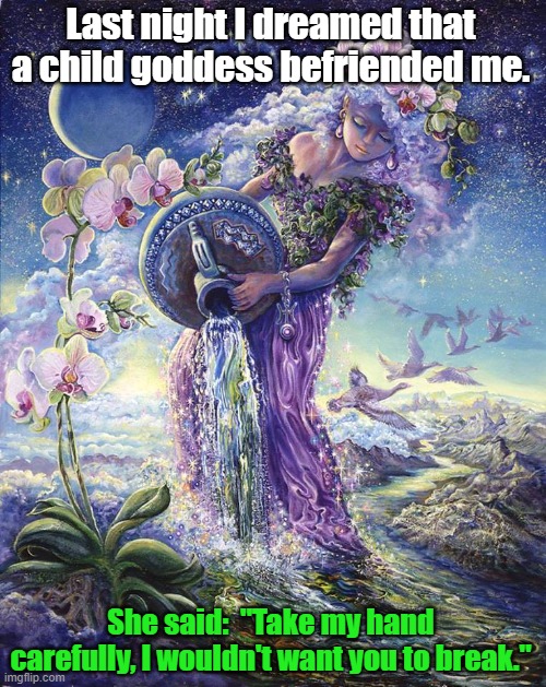 To her, human bodies seemed fragile. | Last night I dreamed that a child goddess befriended me. She said:  "Take my hand carefully, I wouldn't want you to break." | image tagged in orchid goddess,sweet dreams,friendship,powerful,kindness,joy | made w/ Imgflip meme maker