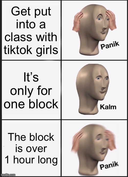 Help | Get put into a class with tiktok girls; It’s only for one block; The block is over 1 hour long | image tagged in memes,panik kalm panik,tiktok sucks,help me,school,oh wow are you actually reading these tags | made w/ Imgflip meme maker