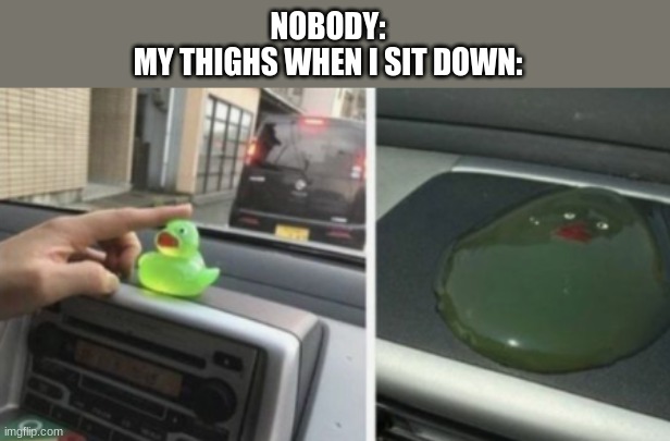 true | NOBODY:
MY THIGHS WHEN I SIT DOWN: | image tagged in likuljy | made w/ Imgflip meme maker