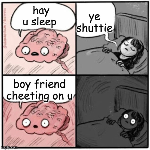 brain is ass | ye shuttie; hay u sleep; boy friend cheeting on u | image tagged in brain before sleep | made w/ Imgflip meme maker