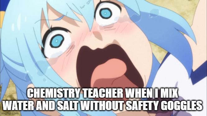 Aqua Screaming | CHEMISTRY TEACHER WHEN I MIX WATER AND SALT WITHOUT SAFETY GOGGLES | image tagged in aqua screaming | made w/ Imgflip meme maker
