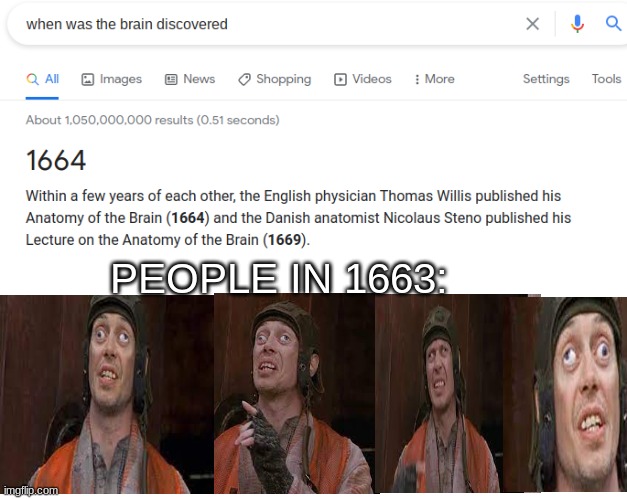 when was the brain discovered | PEOPLE IN 1663: | image tagged in mr deeds,crazy eyes,adam sandler,brain | made w/ Imgflip meme maker