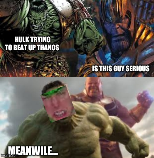 hulk | HULK TRYING TO BEAT UP THANOS; IS THIS GUY SERIOUS; MEANWILE... | image tagged in what hulk tried to look like | made w/ Imgflip meme maker