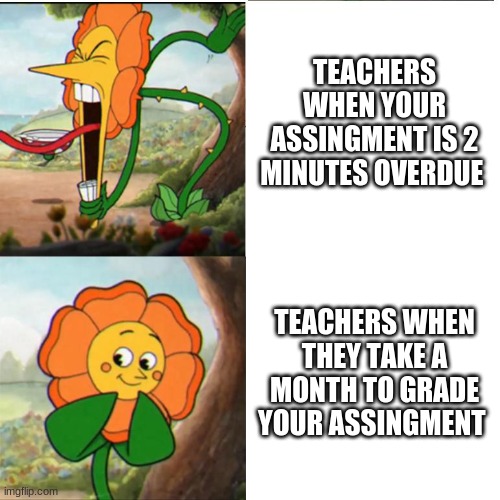 Cuphead Flower | TEACHERS WHEN YOUR ASSINGMENT IS 2 MINUTES OVERDUE; TEACHERS WHEN THEY TAKE A MONTH TO GRADE YOUR ASSINGMENT | image tagged in cuphead flower | made w/ Imgflip meme maker