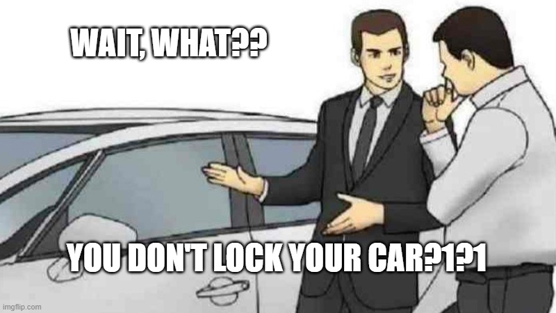 Car Salesman Slaps Roof Of Car | WAIT, WHAT?? YOU DON'T LOCK YOUR CAR?1?1 | image tagged in memes,car salesman slaps roof of car | made w/ Imgflip meme maker
