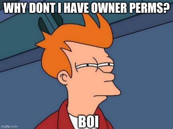 give me now | WHY DONT I HAVE OWNER PERMS? BOI | image tagged in memes,futurama fry | made w/ Imgflip meme maker