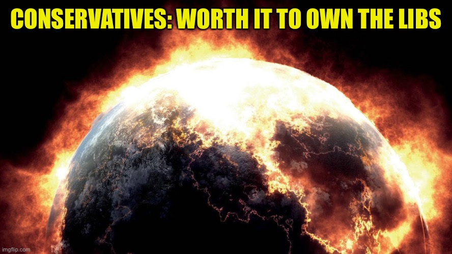 The conservative response to COVID in a nutshell | CONSERVATIVES: WORTH IT TO OWN THE LIBS | image tagged in earth on fire | made w/ Imgflip meme maker