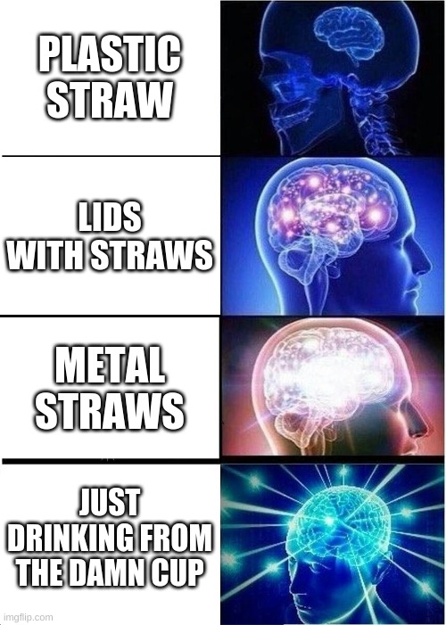 Expanding Brain Meme | PLASTIC STRAW; LIDS WITH STRAWS; METAL STRAWS; JUST DRINKING FROM THE DAMN CUP | image tagged in memes,expanding brain | made w/ Imgflip meme maker