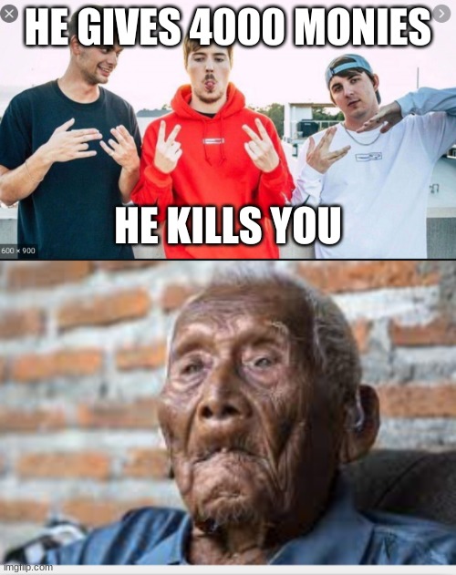 he rich | HE GIVES 4000 MONIES; HE KILLS YOU | image tagged in mrbeast comparison | made w/ Imgflip meme maker