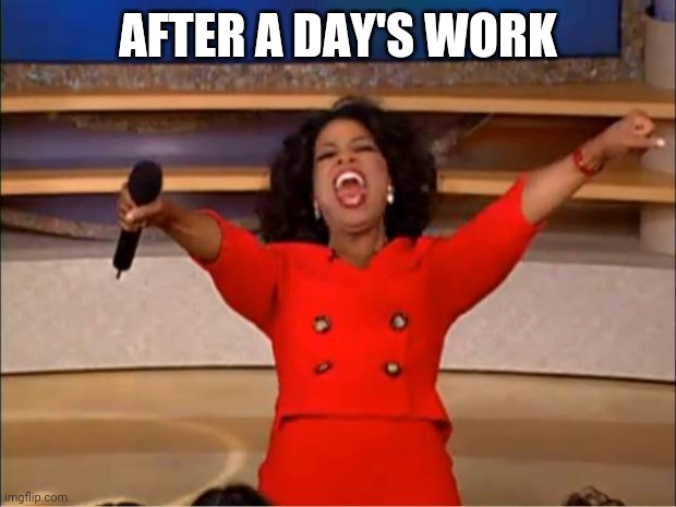 Oprah You Get A | AFTER A DAY'S WORK; IT'S TIME TO GO HOME | image tagged in memes,oprah you get a | made w/ Imgflip meme maker