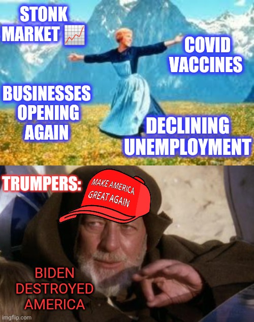 COVID VACCINES BUSINESSES
 OPENING
 AGAIN DECLINING UNEMPLOYMENT STONK MARKET ? TRUMPERS: BIDEN DESTROYED AMERICA | image tagged in memes,look at all these,jedi mind tricks | made w/ Imgflip meme maker