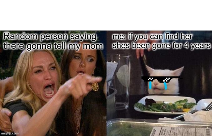 Woman Yelling At Cat | Random person saying there gonna tell my mom; me: if you can find her shes been gone for 4 years | image tagged in memes,woman yelling at cat | made w/ Imgflip meme maker