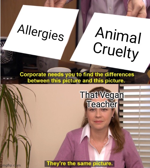 They're the Same picture | Allergies; Animal Cruelty; That Vegan
Teacher | image tagged in memes,they're the same picture | made w/ Imgflip meme maker