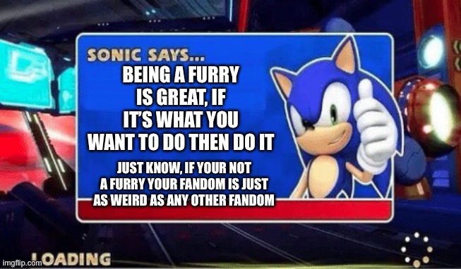 Hey be nice | BEING A FURRY IS GREAT, IF IT’S WHAT YOU WANT TO DO THEN DO IT; JUST KNOW, IF YOUR NOT A FURRY YOUR FANDOM IS JUST AS WEIRD AS ANY OTHER FANDOM | image tagged in sonic says | made w/ Imgflip meme maker