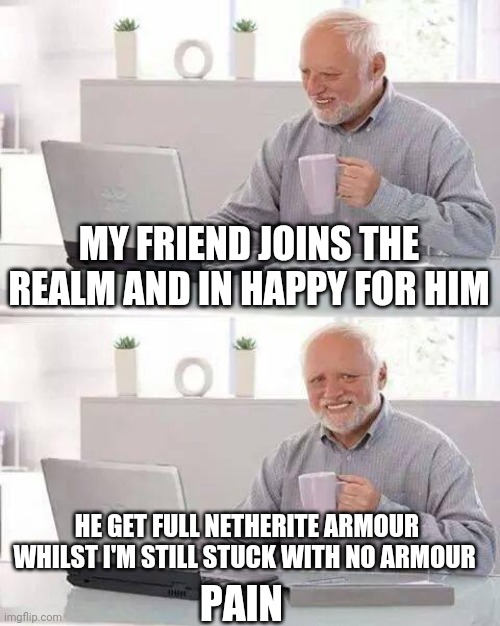This is a sad story | MY FRIEND JOINS THE REALM AND IN HAPPY FOR HIM; HE GET FULL NETHERITE ARMOUR WHILST I'M STILL STUCK WITH NO ARMOUR; PAIN | image tagged in memes,hide the pain harold | made w/ Imgflip meme maker