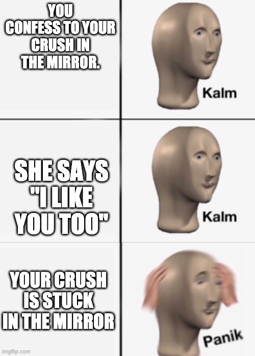 Confess | YOU CONFESS TO YOUR CRUSH IN THE MIRROR. SHE SAYS "I LIKE YOU TOO"; YOUR CRUSH IS STUCK IN THE MIRROR | image tagged in kalm kalm panik | made w/ Imgflip meme maker