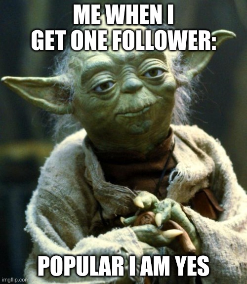 me | ME WHEN I GET ONE FOLLOWER:; POPULAR I AM YES | image tagged in memes,star wars yoda | made w/ Imgflip meme maker