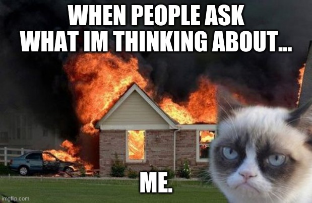 Burn Kitty | WHEN PEOPLE ASK WHAT IM THINKING ABOUT... ME. | image tagged in memes,burn kitty,grumpy cat | made w/ Imgflip meme maker
