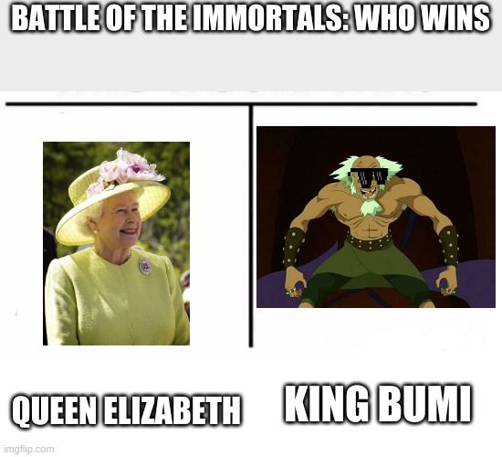 Battle of The Royal Immortales | BATTLE OF THE IMMORTALS: WHO WINS; QUEEN ELIZABETH; KING BUMI | image tagged in comparison table | made w/ Imgflip meme maker