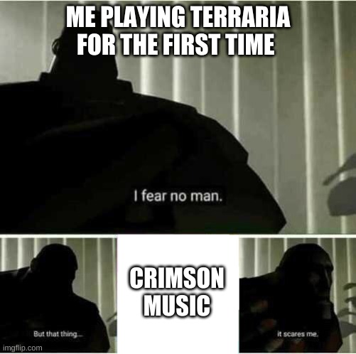 I fear no man |  ME PLAYING TERRARIA FOR THE FIRST TIME; CRIMSON MUSIC | image tagged in i fear no man | made w/ Imgflip meme maker