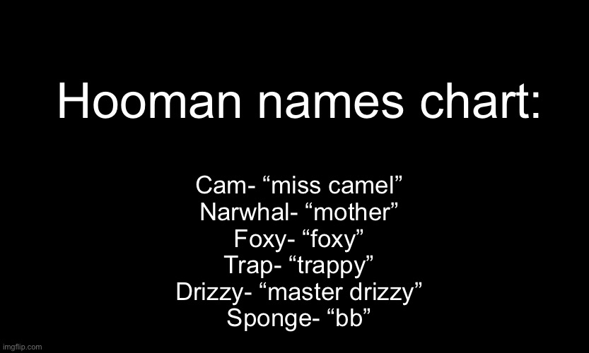 -anonymous | Hooman names chart:; Cam- “miss camel”
Narwhal- “mother”
Foxy- “foxy”
Trap- “trappy”
Drizzy- “master drizzy”
Sponge- “bb” | image tagged in black customized narwhal | made w/ Imgflip meme maker