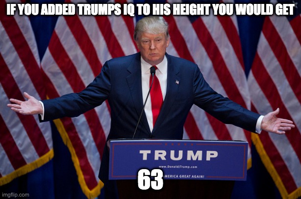 Trump is 63 | IF YOU ADDED TRUMPS IQ TO HIS HEIGHT YOU WOULD GET; 63 | image tagged in donald trump | made w/ Imgflip meme maker