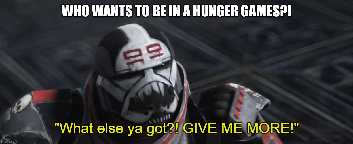 What else ya got?! GIVE ME MORE! | WHO WANTS TO BE IN A HUNGER GAMES?! | image tagged in what else ya got give me more | made w/ Imgflip meme maker