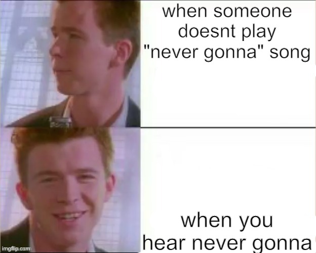 YES | when someone doesnt play "never gonna" song; when you hear never gonna | image tagged in rick astley's likeness,never gonna give you up | made w/ Imgflip meme maker