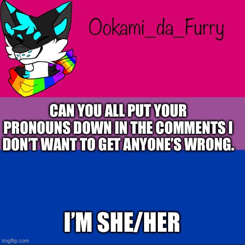 ?? | CAN YOU ALL PUT YOUR PRONOUNS DOWN IN THE COMMENTS I DON’T WANT TO GET ANYONE’S WRONG. I’M SHE/HER | image tagged in ookami announcement | made w/ Imgflip meme maker