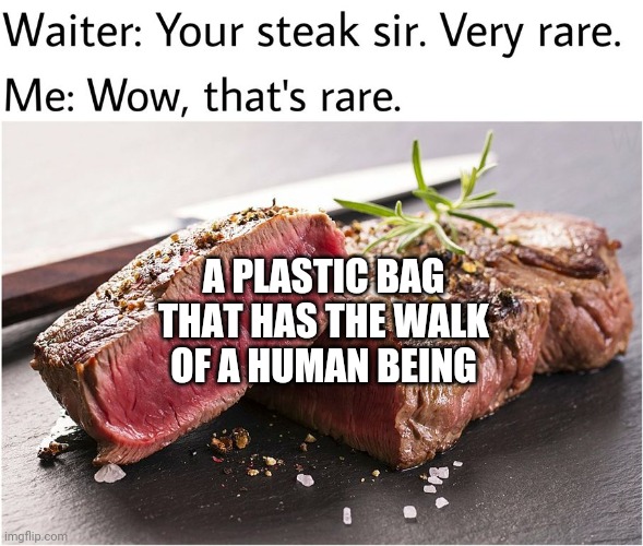Plastic bag meme comment | A PLASTIC BAG THAT HAS THE WALK OF A HUMAN BEING | image tagged in rare steak meme,meme comments,memes,comments,comment,comment section | made w/ Imgflip meme maker
