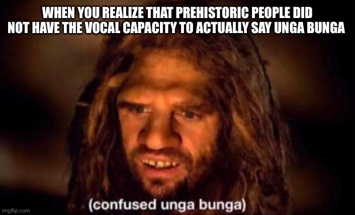 Confused Unga Bunga | WHEN YOU REALIZE THAT PREHISTORIC PEOPLE DID NOT HAVE THE VOCAL CAPACITY TO ACTUALLY SAY UNGA BUNGA | image tagged in confused unga bunga | made w/ Imgflip meme maker