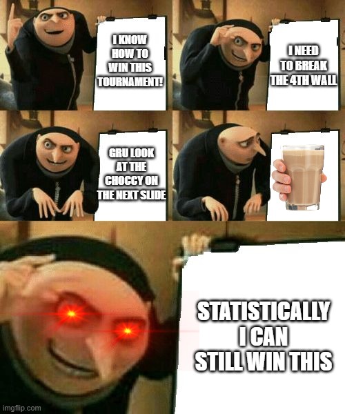 Meme Tournament 2 Submission | I NEED TO BREAK THE 4TH WALL; I KNOW HOW TO WIN THIS TOURNAMENT! GRU LOOK AT THE CHOCCY ON THE NEXT SLIDE; STATISTICALLY I CAN STILL WIN THIS | image tagged in gru's plan | made w/ Imgflip meme maker