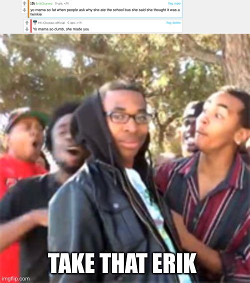 Ha | TAKE THAT ERIK | image tagged in black boy roast | made w/ Imgflip meme maker