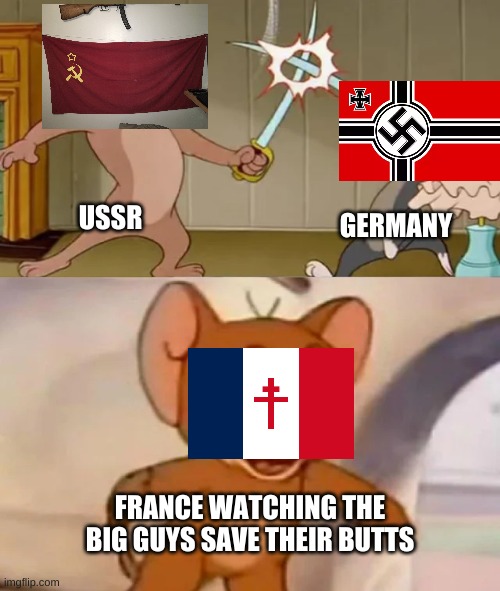 Tom and Spike fighting | USSR; GERMANY; FRANCE WATCHING THE BIG GUYS SAVE THEIR BUTTS | image tagged in tom and spike fighting | made w/ Imgflip meme maker
