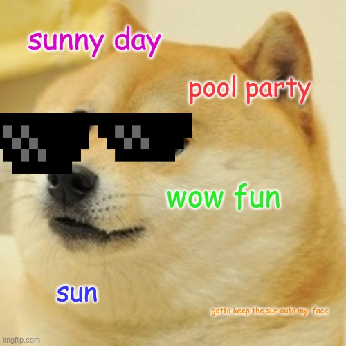 Doge Meme | sunny day; pool party; wow fun; sun; gotta keep the sun outa my  face | image tagged in memes,doge | made w/ Imgflip meme maker