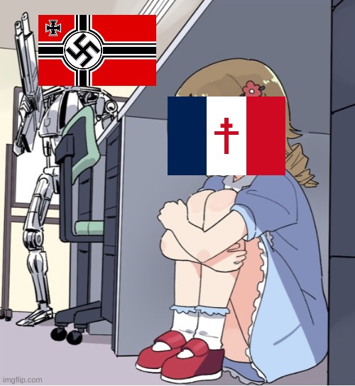 invasion of france  in a nut shell | image tagged in anime girl hiding from terminator | made w/ Imgflip meme maker