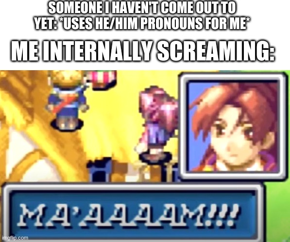 SOMEONE I HAVEN'T COME OUT TO YET: *USES HE/HIM PRONOUNS FOR ME*; ME INTERNALLY SCREAMING: | image tagged in memes,blank transparent square | made w/ Imgflip meme maker