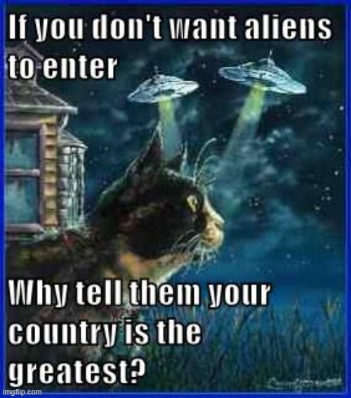 How to prevent aliens from entering your country? Perhaps stop telling them it's so great where you live? | image tagged in illegal aliens,lolcat,aliens | made w/ Imgflip meme maker