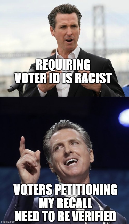 REQUIRING VOTER ID IS RACIST; VOTERS PETITIONING MY RECALL NEED TO BE VERIFIED | image tagged in gavin newsome,gavin newsom | made w/ Imgflip meme maker