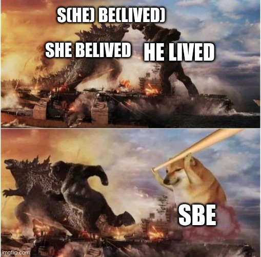 ‎ | S(HE) BE(LIVED); HE LIVED; SHE BELIVED; SBE | image tagged in kong godzilla doge | made w/ Imgflip meme maker